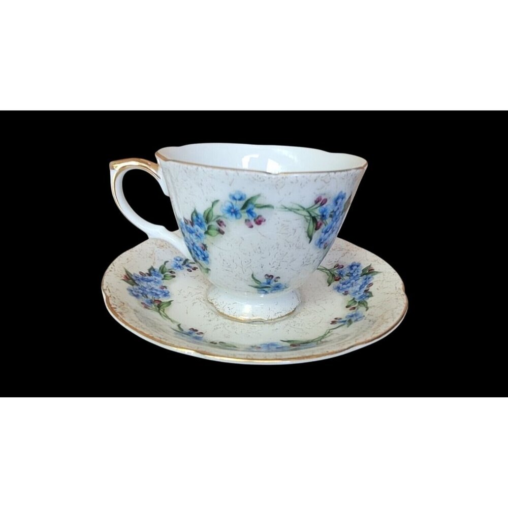 Vintage Saji Japan Fancy China Cup & Saucer Set With Floral Blue Design Gold Tri